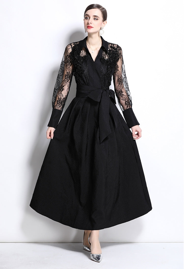Black Lace Sleeve Belted Maxi Dress