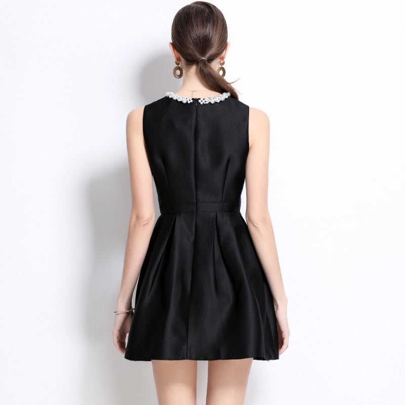 Elegant Pearl-Trimmed Black Mini Dress - 899034048641_BLACK