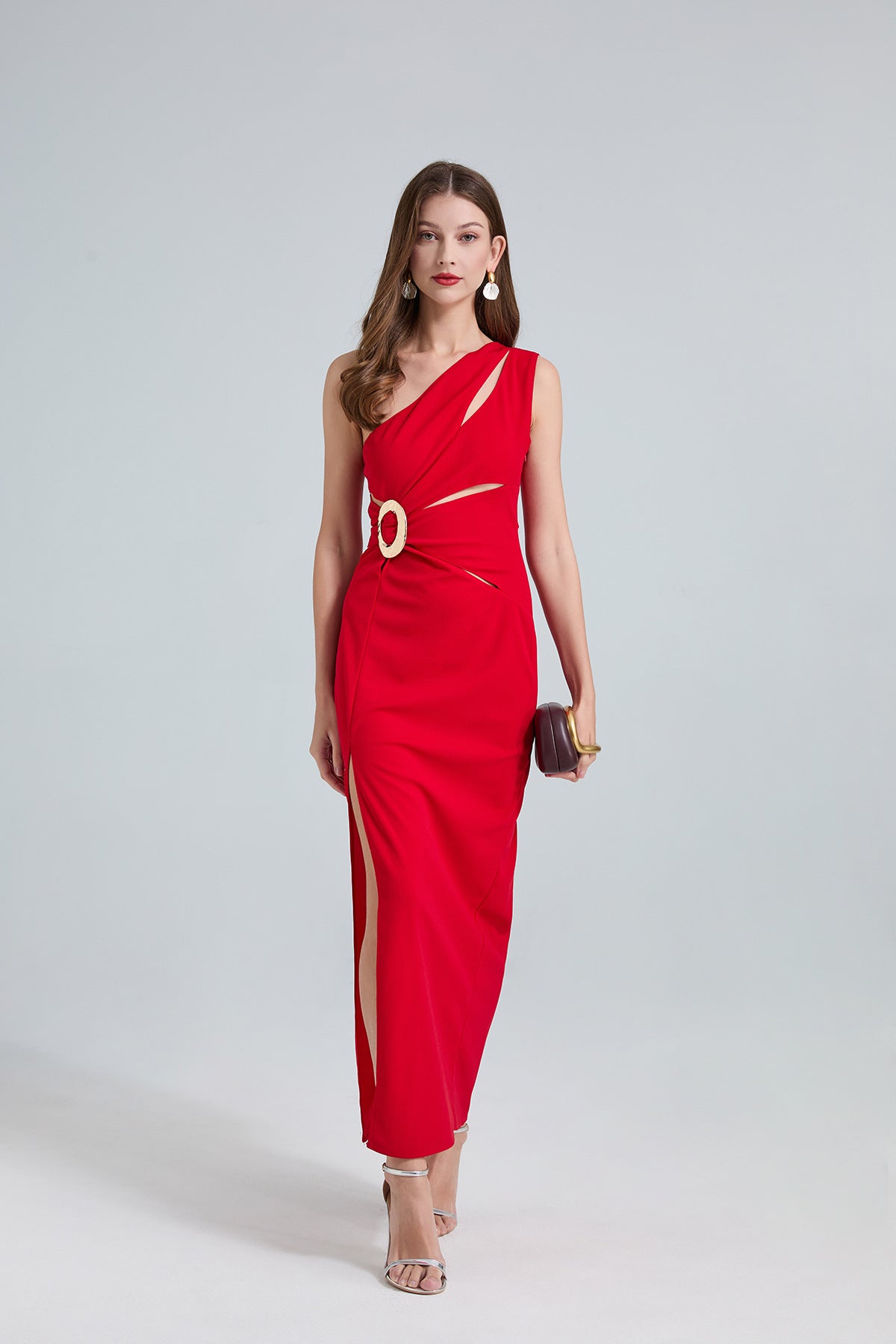 Red One-Shoulder Cutout Gown