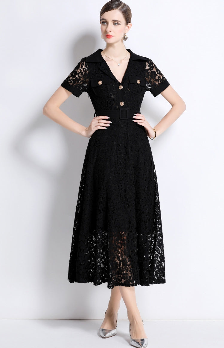 Black Lace Military Midi Dress