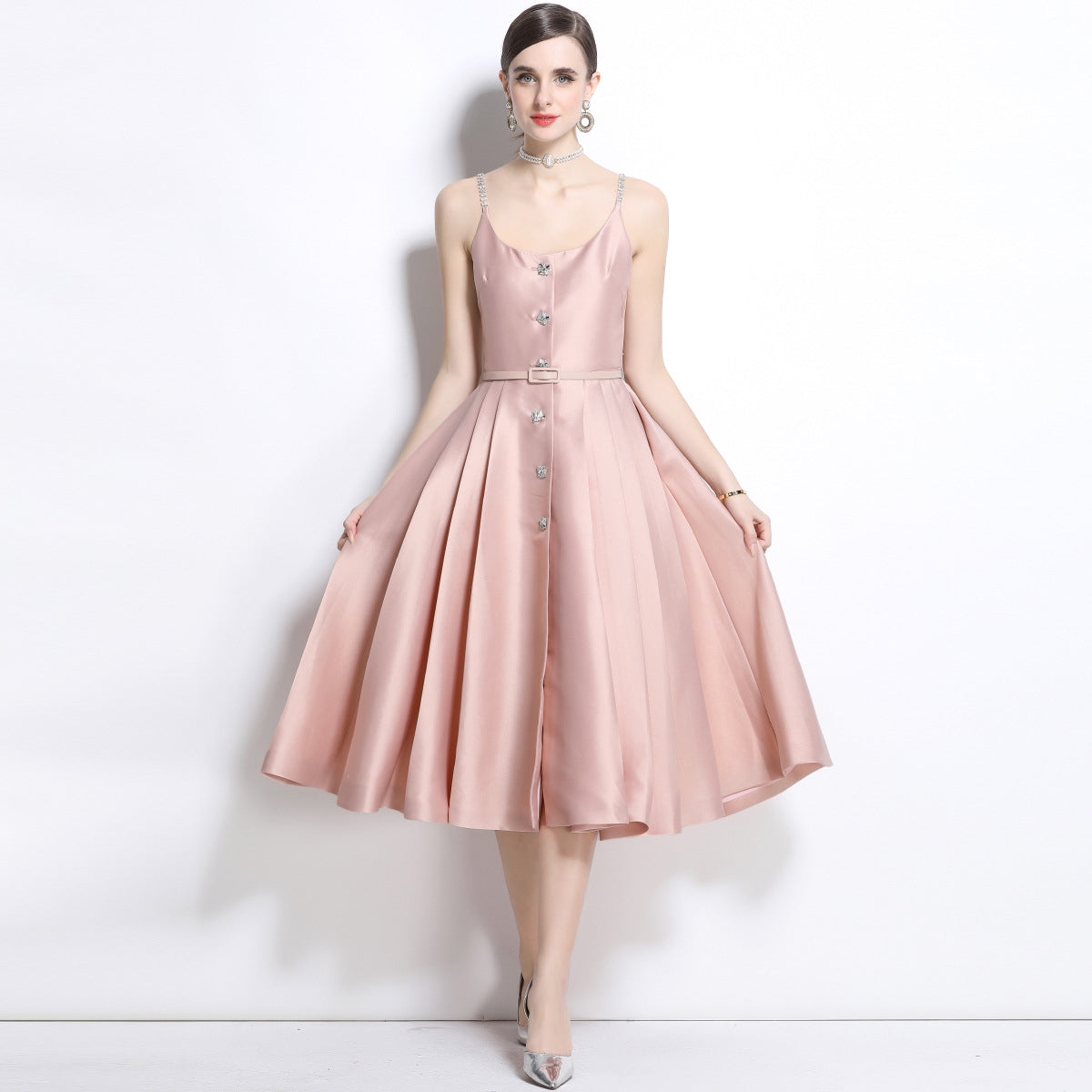 Blush Satin Crystal-Button Midi Dress