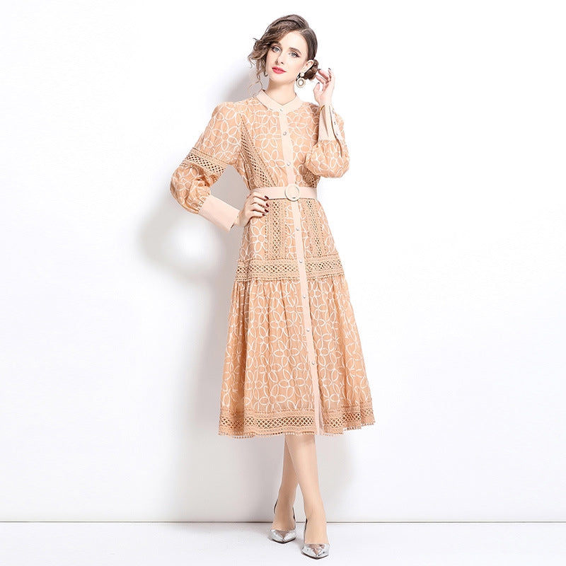 Elegant Apricot Lace Midi Dress with Belt
