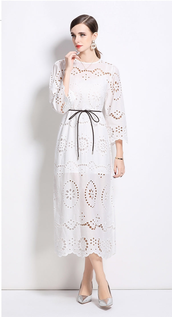 Ivory Petal Eyelet Midi Dress - 902368523846_WHITE