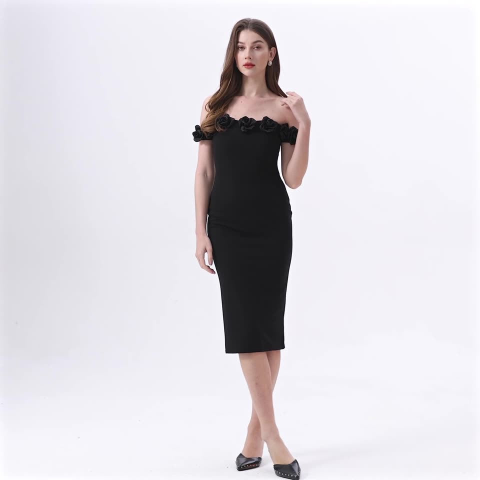 Black Off-Shoulder Rose Embellished Bodycon Dress