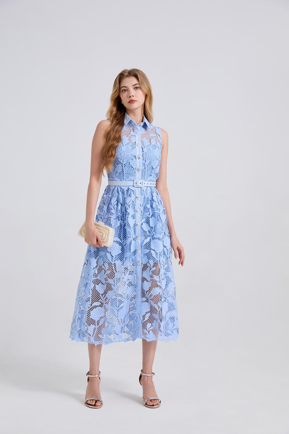 Sky Blossom Sleeveless Lace Midi Dress - 919430221311_BLUE