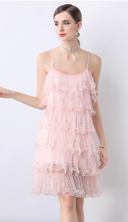 Blush Pink Tiered Tulle Cocktail Dress