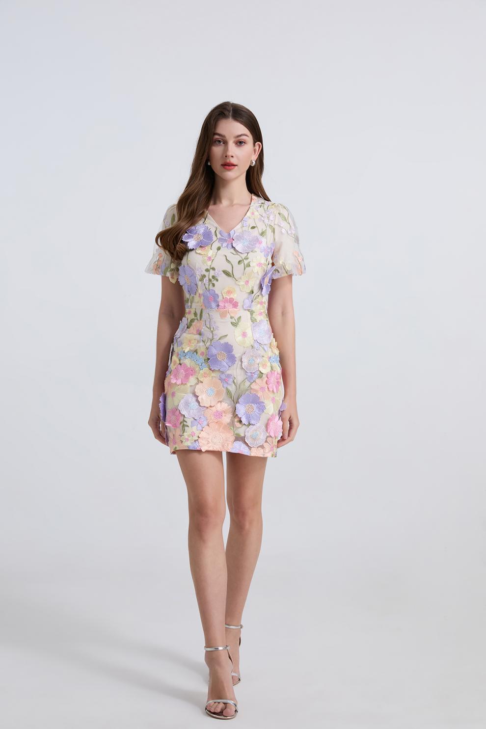 Pastel Floral Embroidered Mini Dress – Ivory