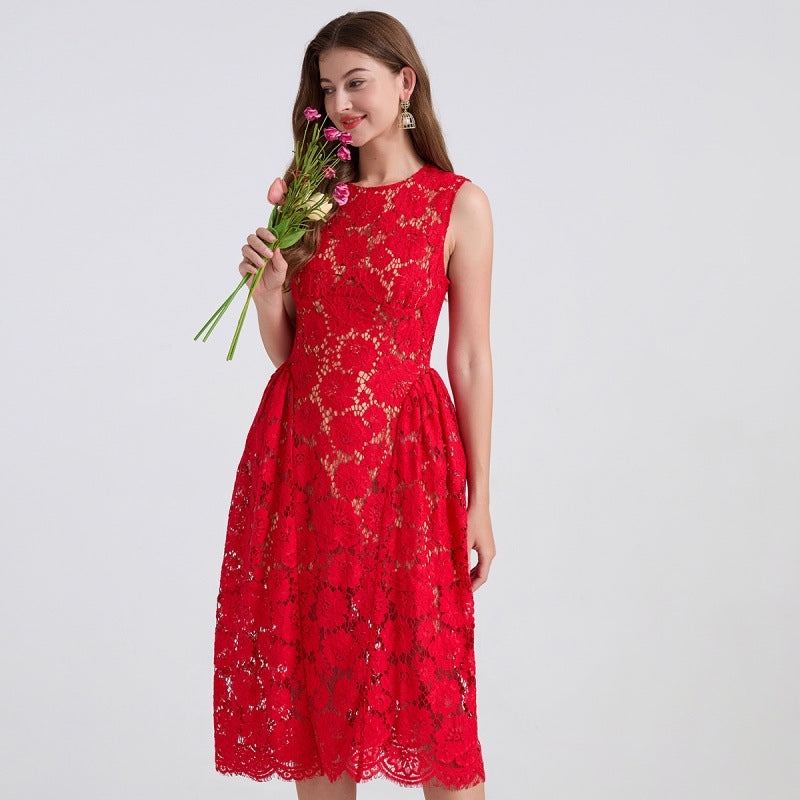 Crimson Bloom Lace Dress