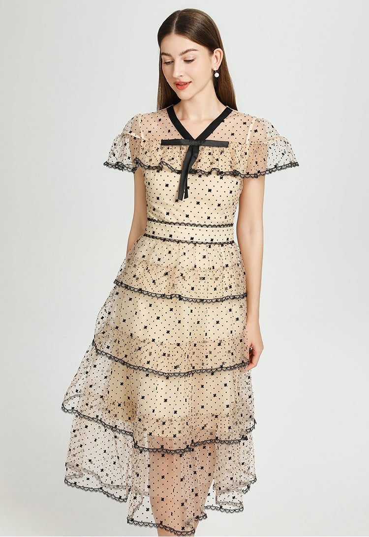 Midnight Dots Sheer Layered Midi Dress - 906831310848_APRICOT
