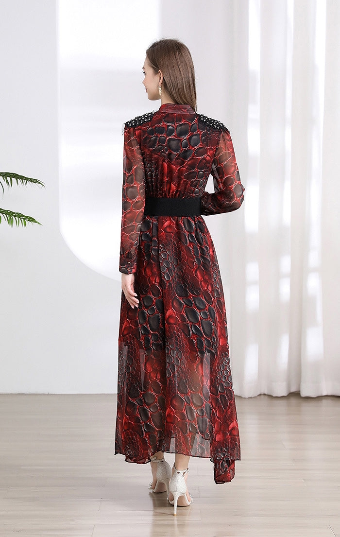 Fiery Serpentine Sheer Maxi Dress - 901487024172_CLARET
