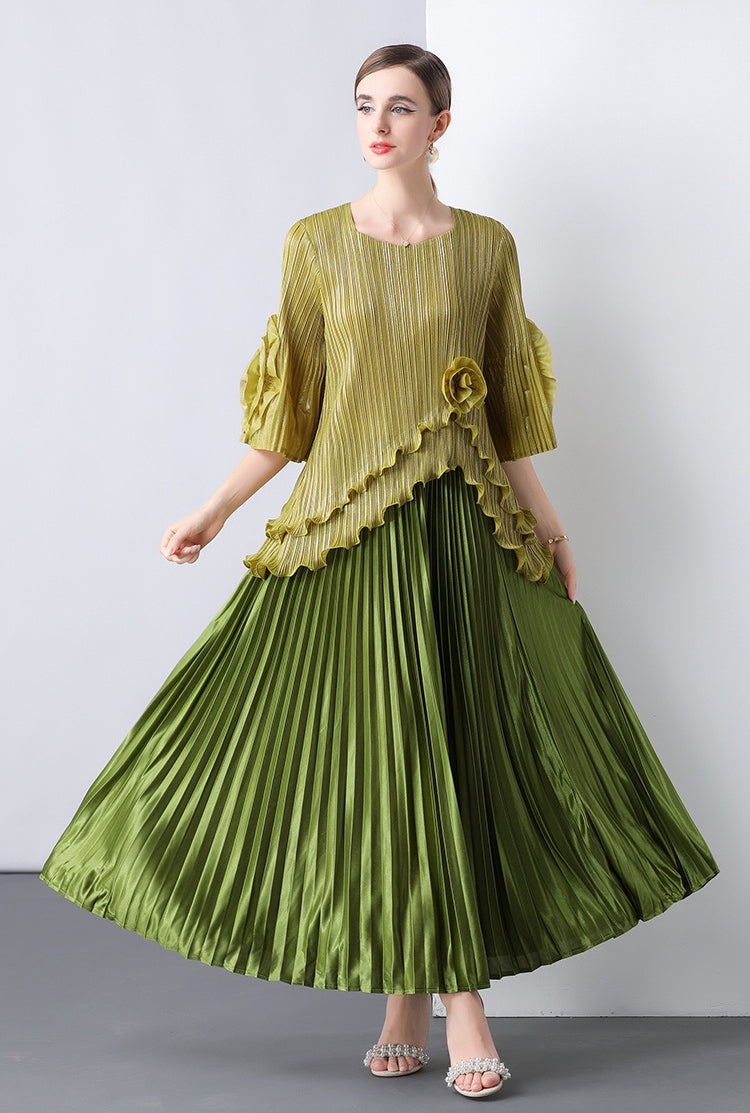 Olive Gold Pleated Peplum Maxi Dress