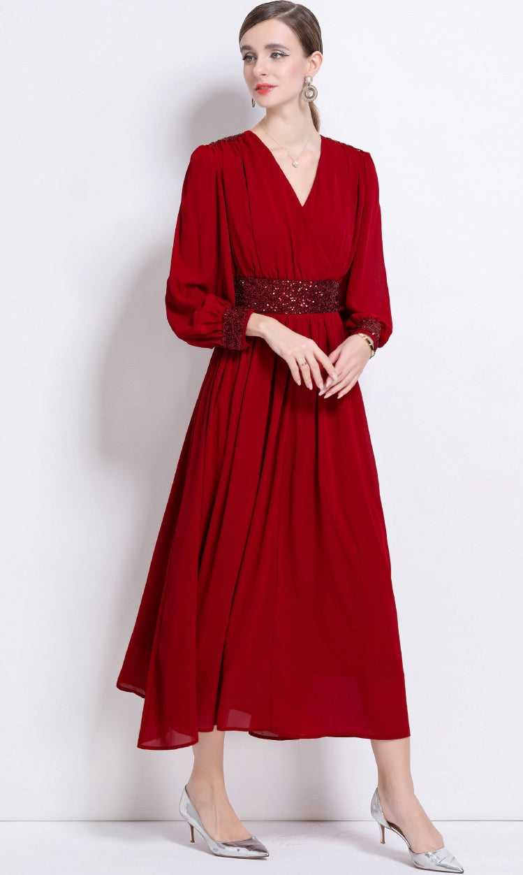 Crimson Elegance Sequin Waist Maxi Dress