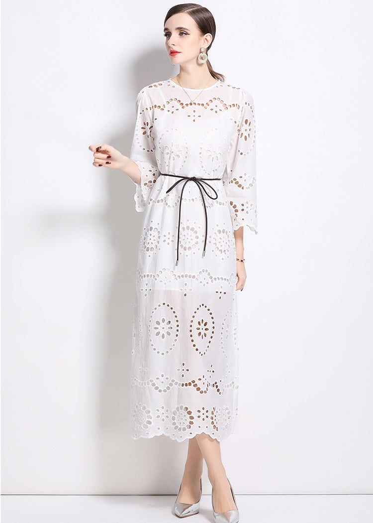 Ivory Petal Eyelet Midi Dress - 902368523846_WHITE