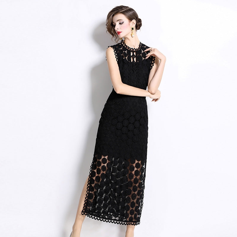 Black Hollow-Out Lace Midi Dress