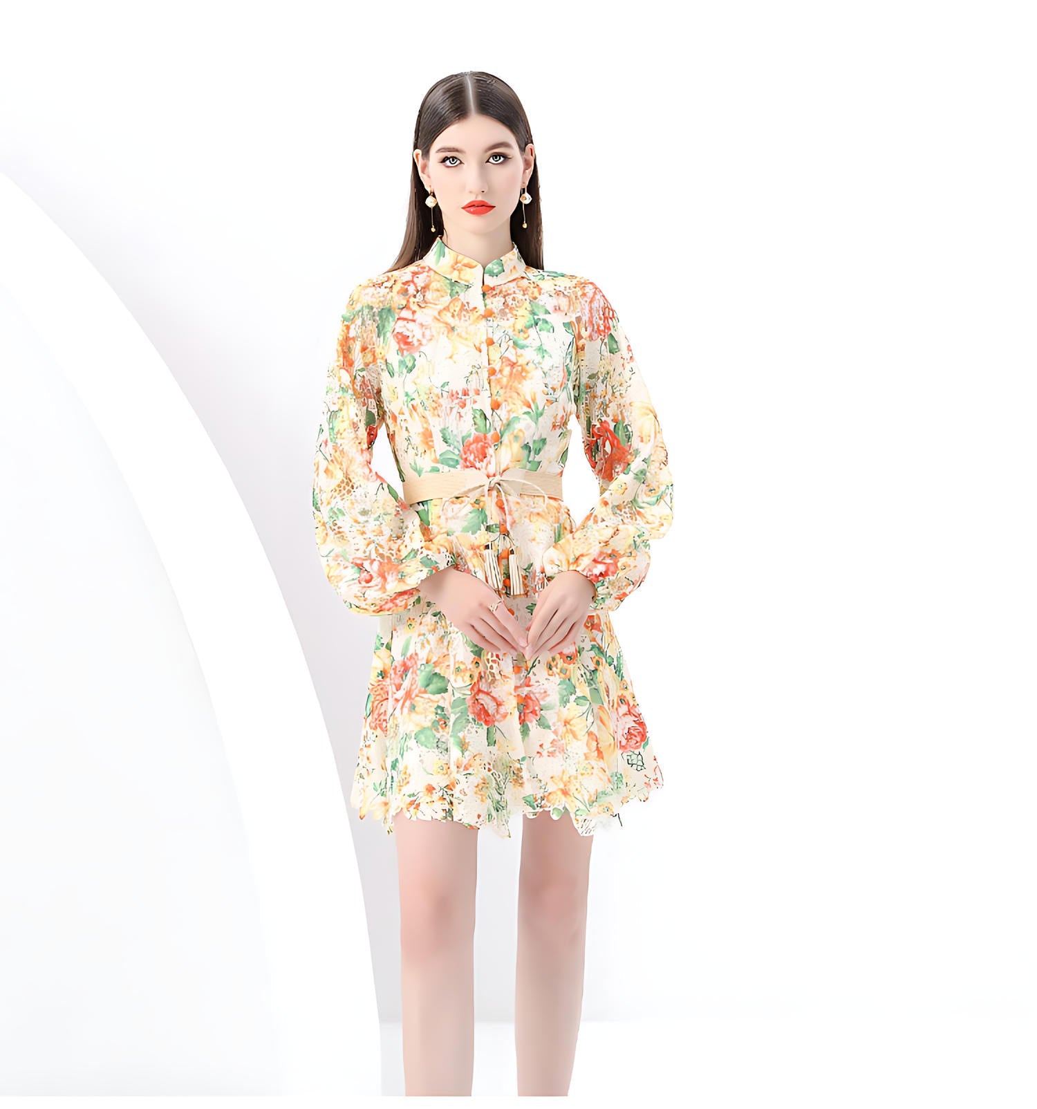 Floral Lace Belted Shirt Dress