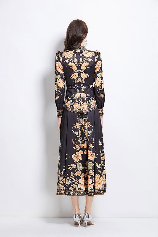 Elegant Black & Gold Floral Print Blouse & Maxi Skirt Set