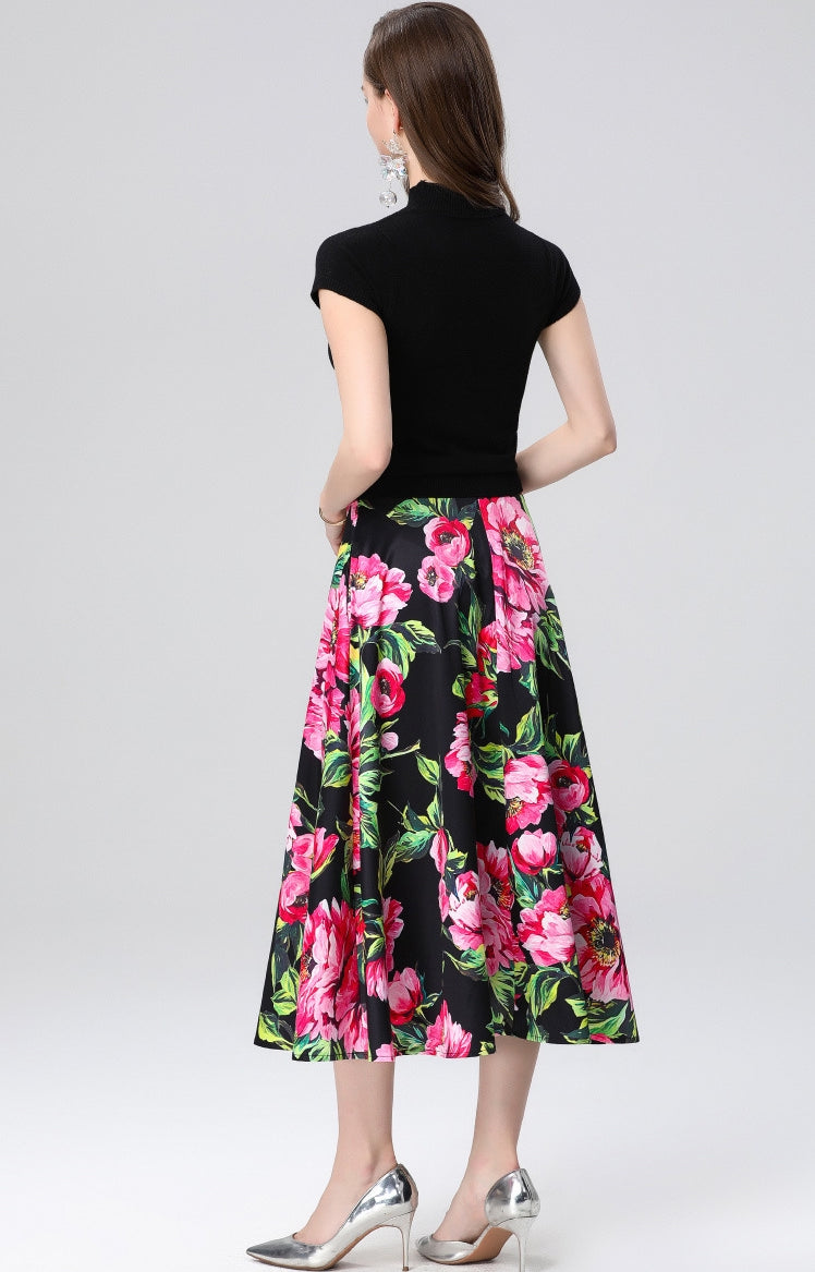 Floral High-Waist Midi Skirt Two Piece Set