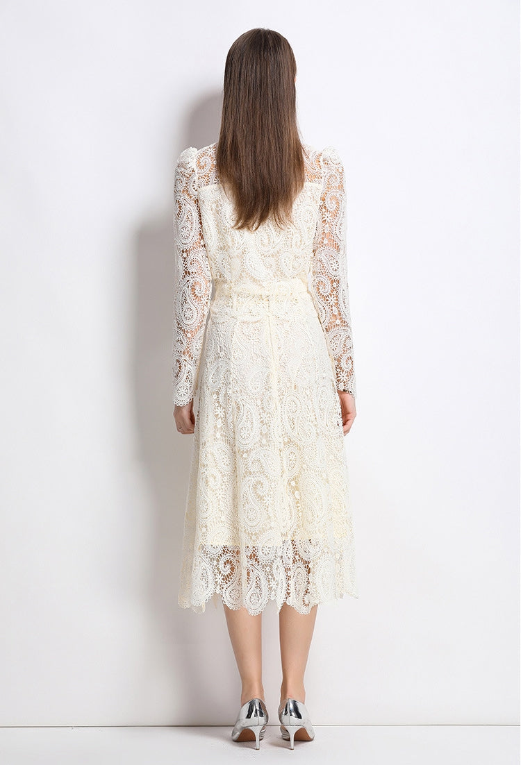 Elegant Long-Sleeve Lace Midi Dress – Ivory White