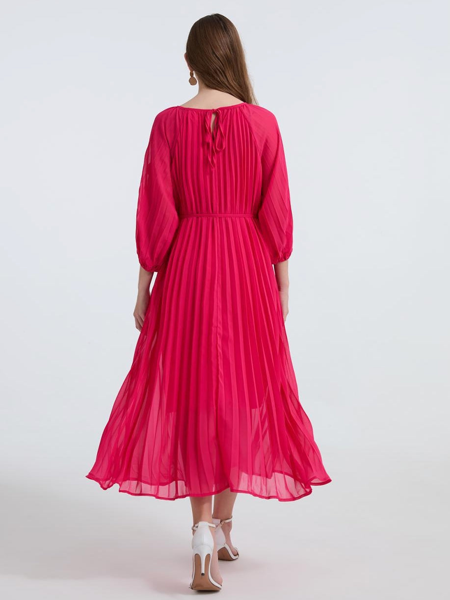 Rose Radiance Pleated Chiffon Dress - 906472342218_ROSERED