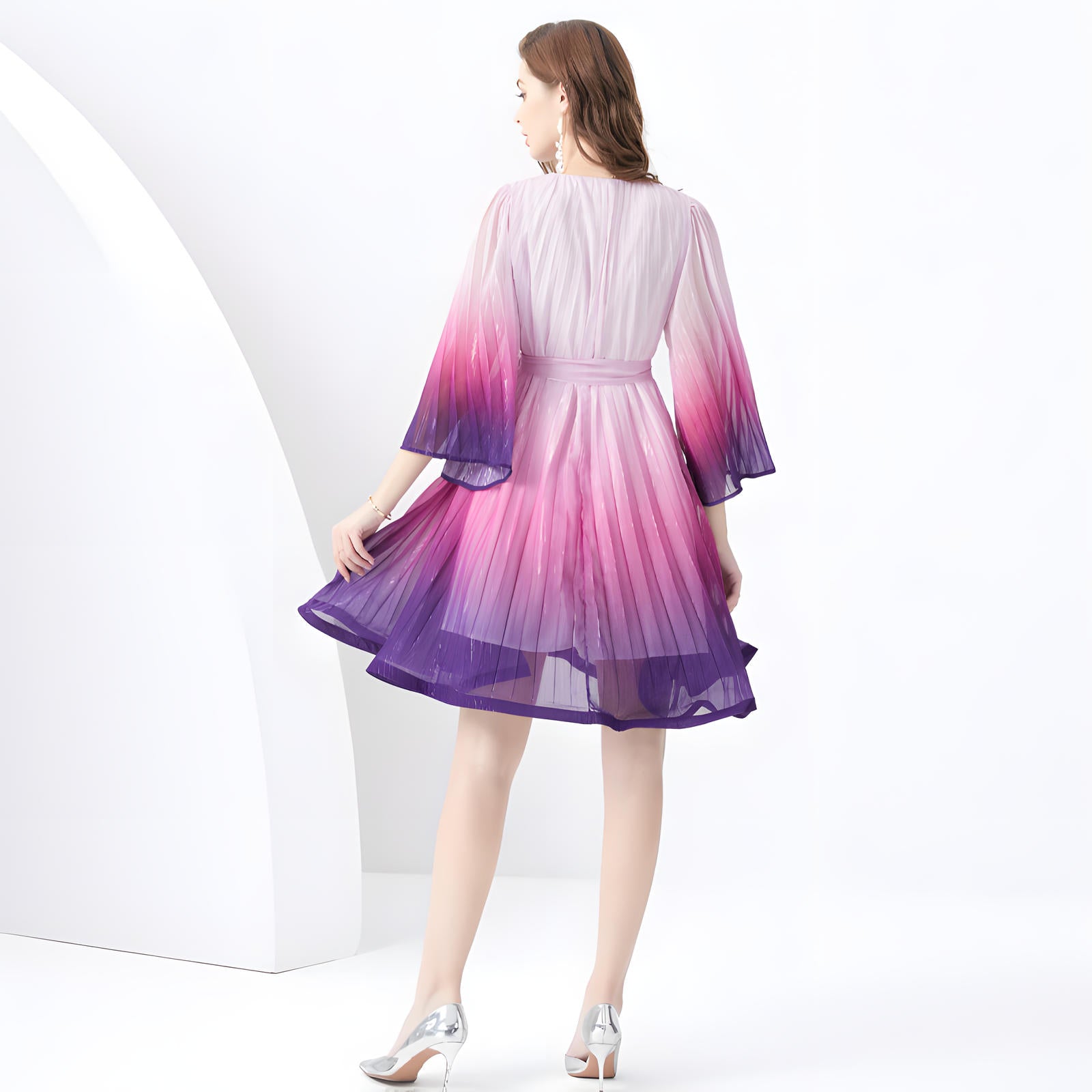 Purple Gradient Glimmer Free-Flow Belted Short Dress	- 801319266798_PUR