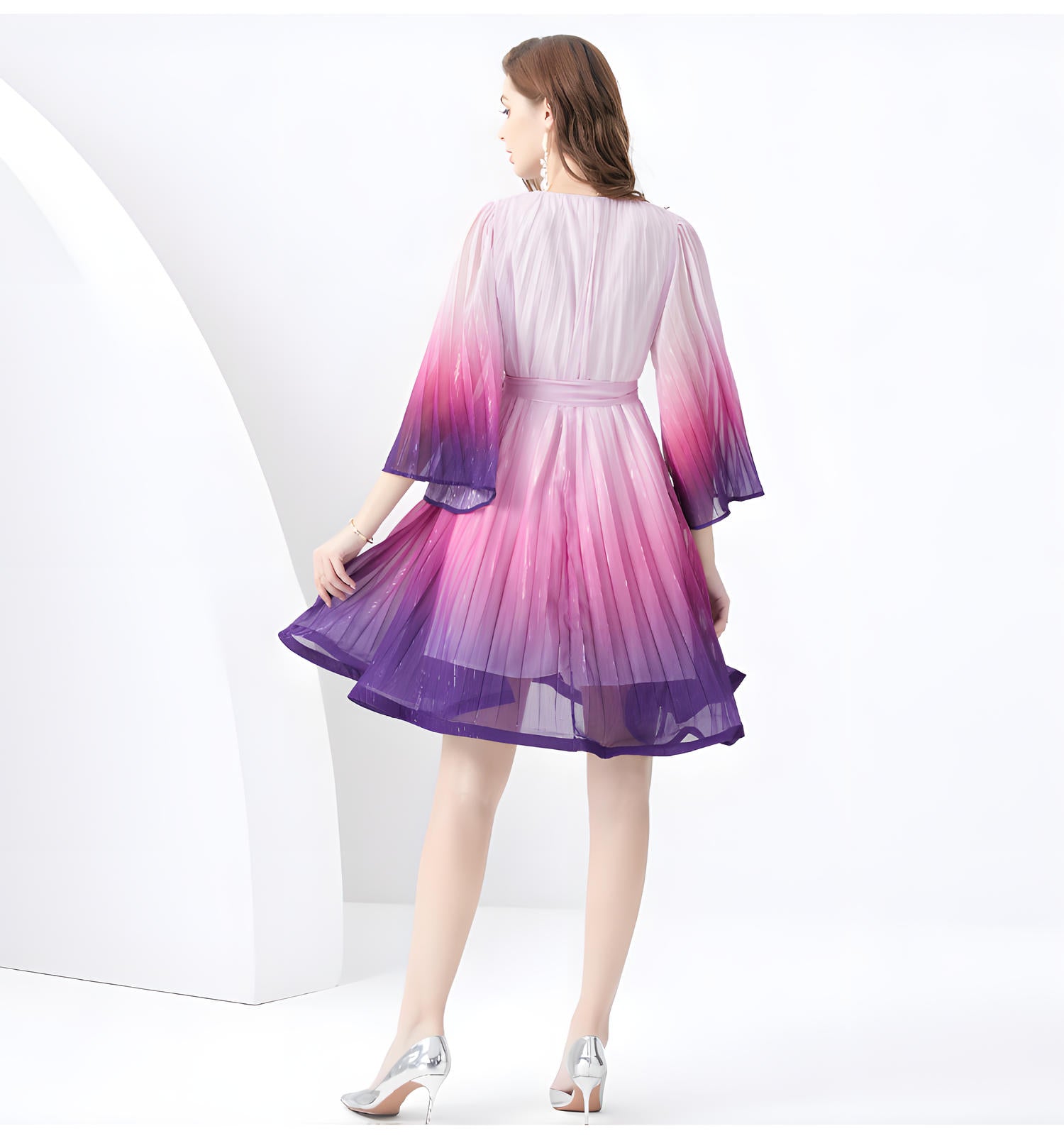 Purple Gradient Glimmer Free-Flow Belted Short Dress	- 801319266798_PUR