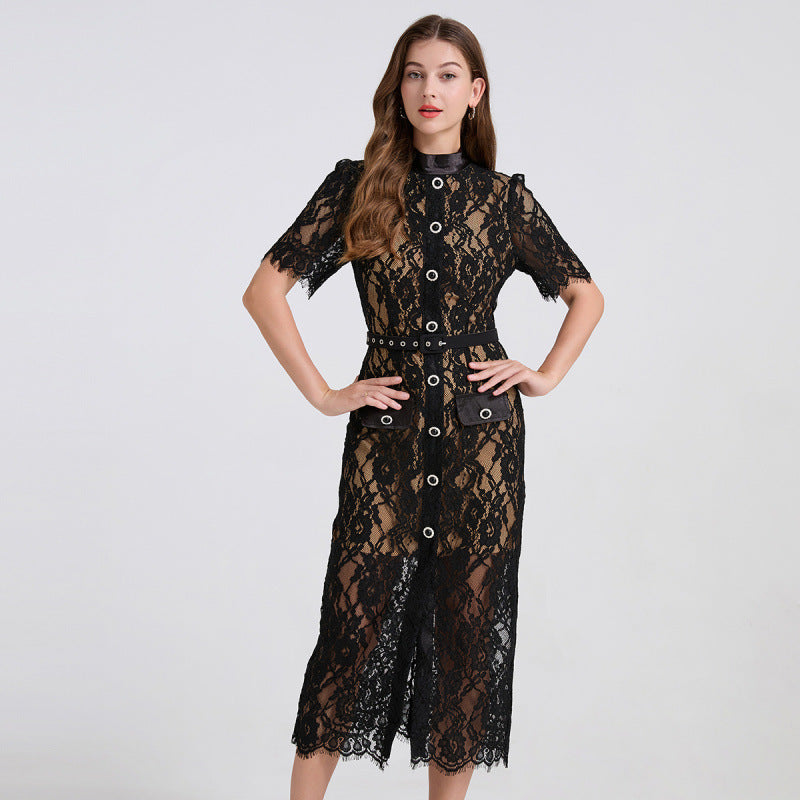 Noir Allure Lace Button-Down Dress