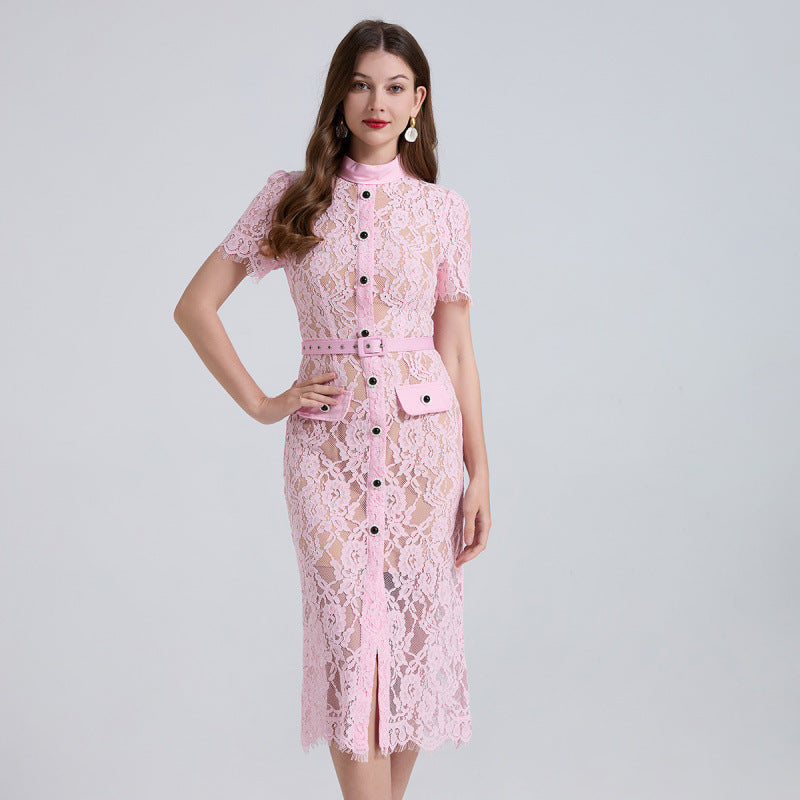 Blush Charm Lace Belted Dress