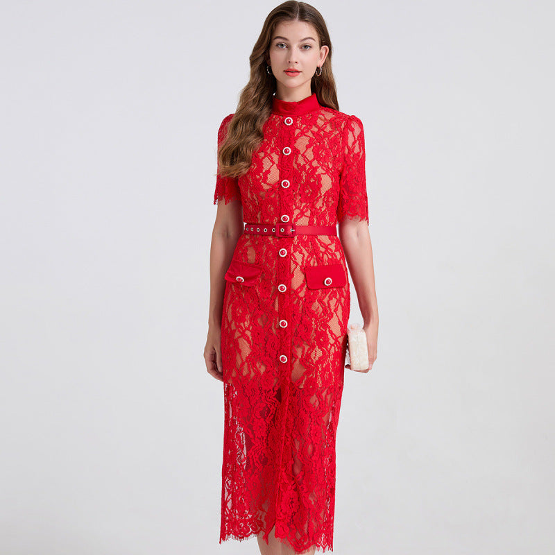 Scarlet Envy Lace Belted Dress