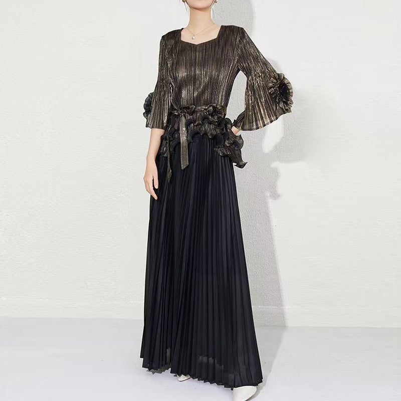 Metallic Pleated Ruffle-Belt Maxi Dress
