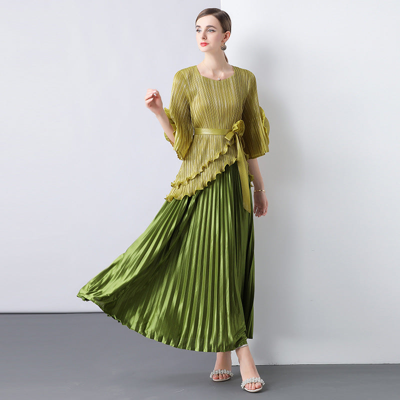 Olive Gold Pleated Peplum Maxi Dress