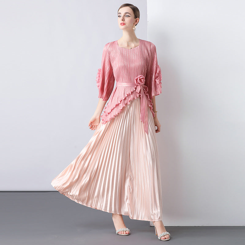 Blush Elegance Pleated Peplum Maxi Dress