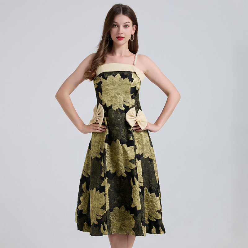 Golden Bloom Jacquard Midi Dress