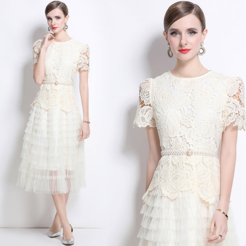 Vintage Bloom Lace & Tulle Midi Dress With Pearl Belt