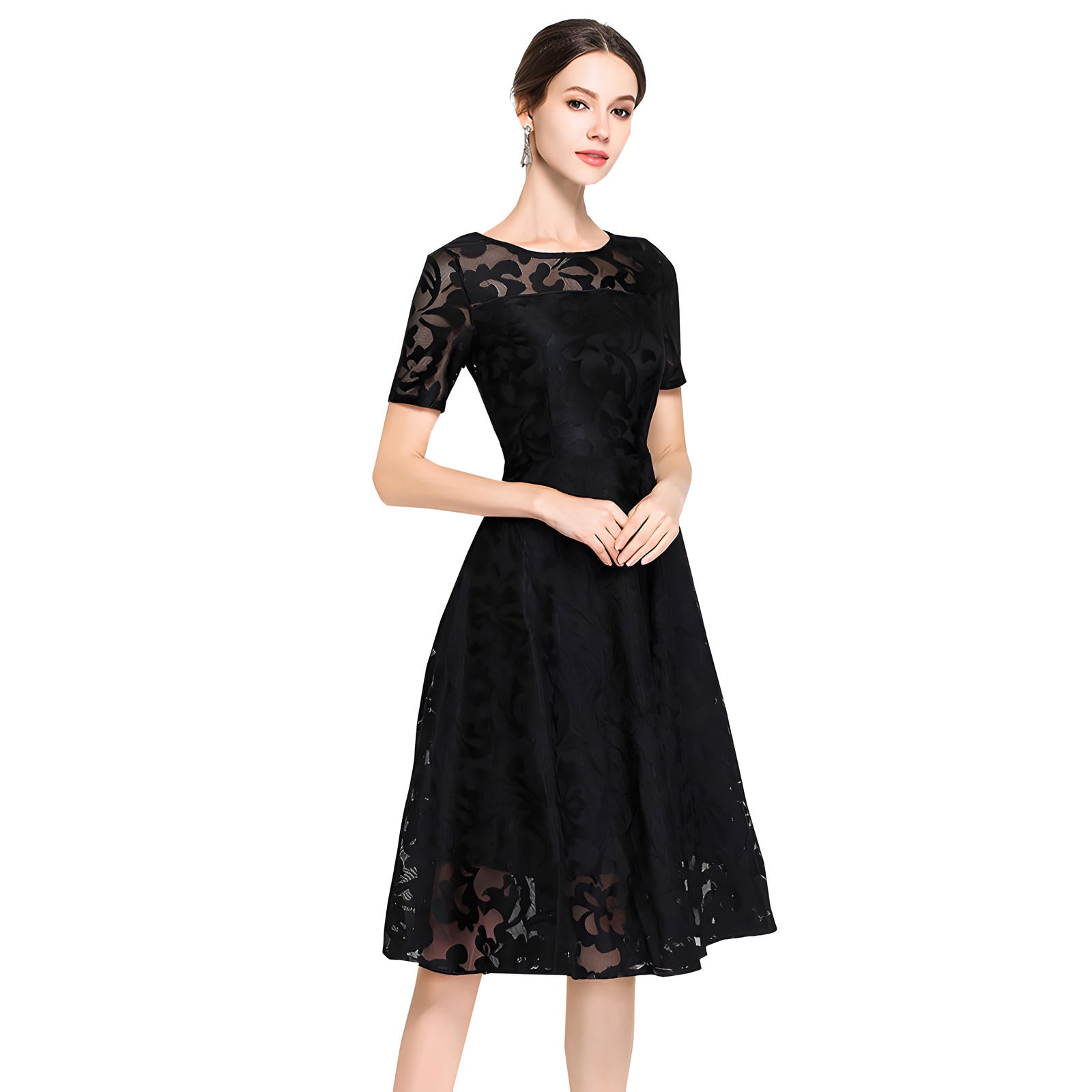 Lace Flocking Boat Neck Fitted Vest Large Hem Skirt Dress - 8999609_BLACK (EOSS)