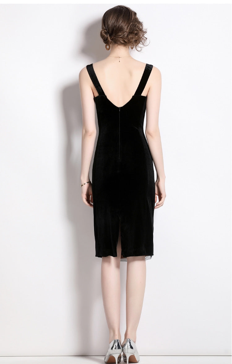 Corset Vest Nude Lining Mesh And Velvet Suspender Fitted Black Short Dress - 709210134752_BAS