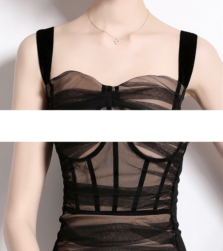 Corset Vest Nude Lining Mesh And Velvet Suspender Fitted Black Short Dress - 709210134752_BAS