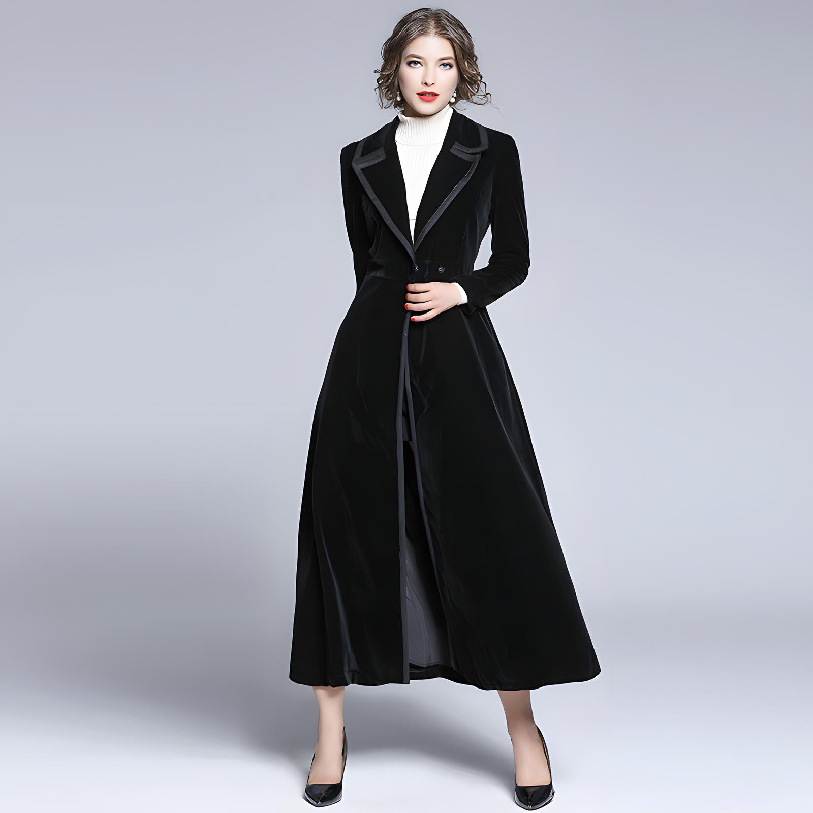 Statement Black Velvet Overcoat with Grand Lapels and Pocket- 606995540252_BLA