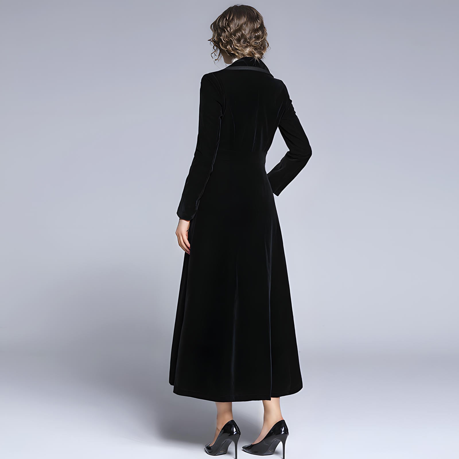 Statement Black Velvet Overcoat with Grand Lapels and Pocket- 606995540252_BLA