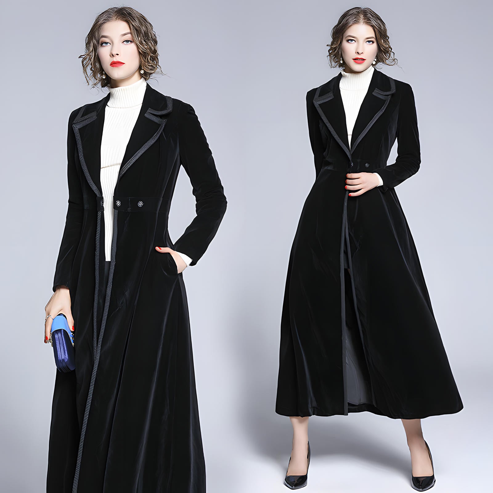 Statement Black Velvet Overcoat with Grand Lapels and Pocket- 606995540252_BLA