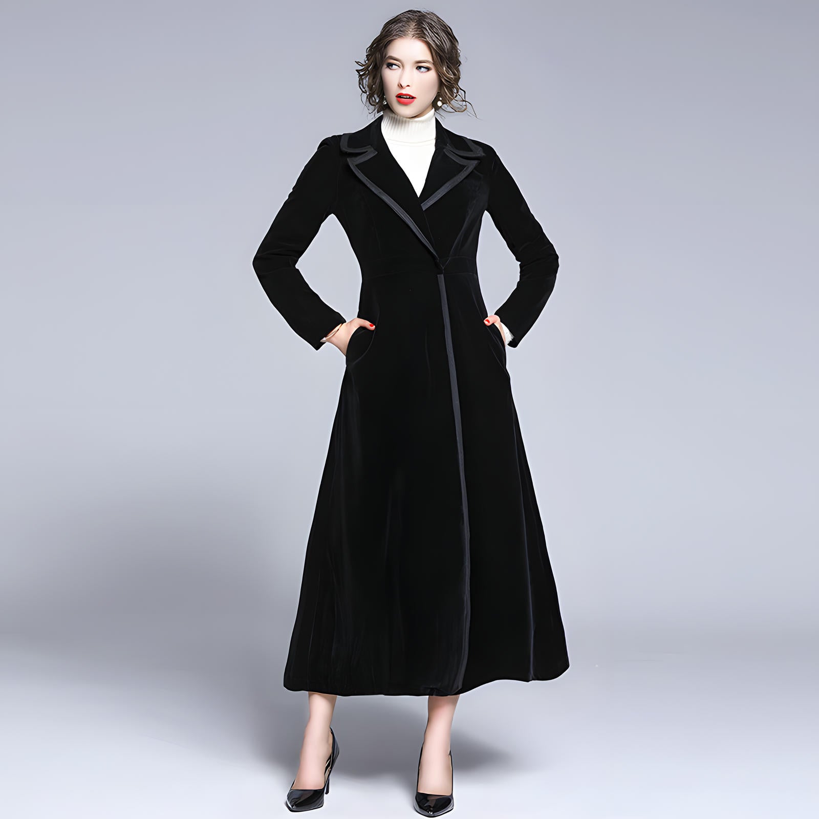 Statement Black Velvet Overcoat with Grand Lapels and Pocket- 606995540252_BLA