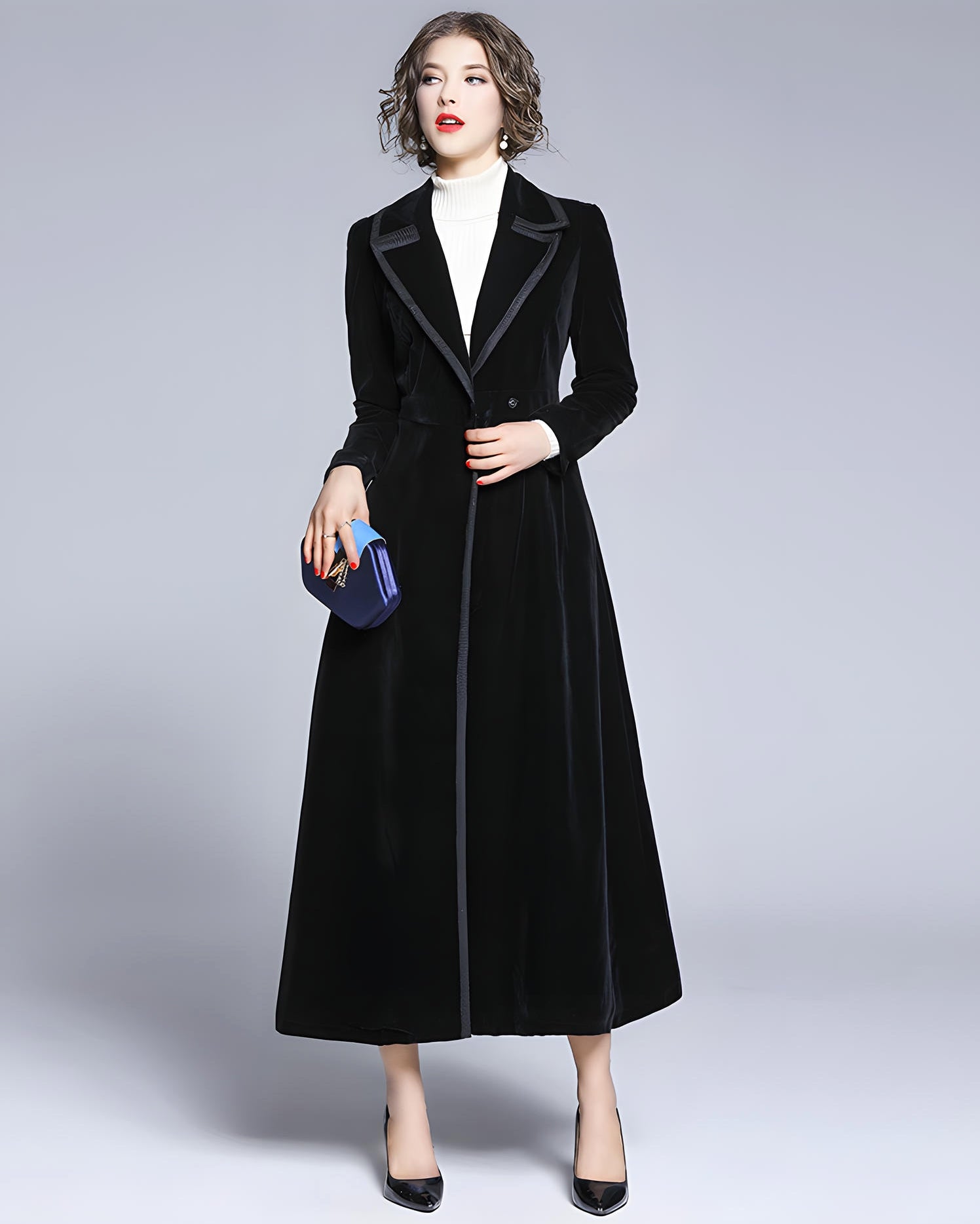 Statement Black Velvet Overcoat with Grand Lapels and Pocket- 606995540252_BLA