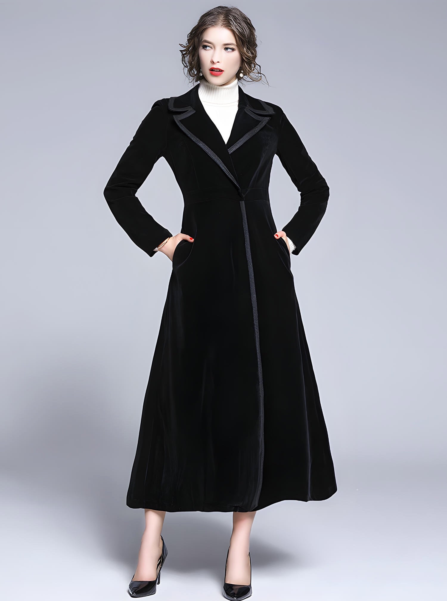 Statement Black Velvet Overcoat with Grand Lapels and Pocket- 606995540252_BLA