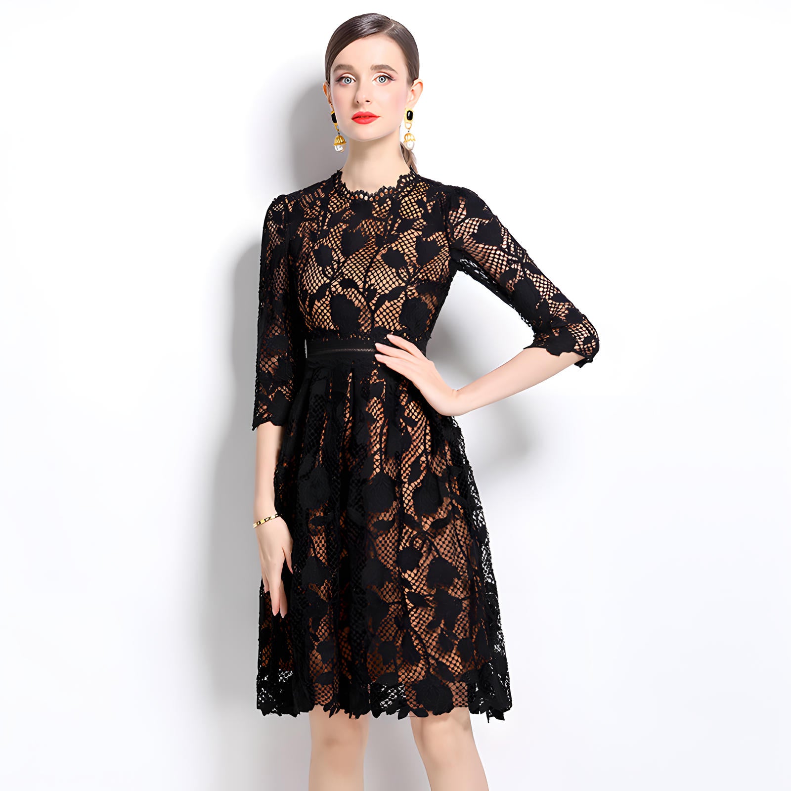 French Floral Black Lace Short Dress With Nude Lining - 836580735214_BLA