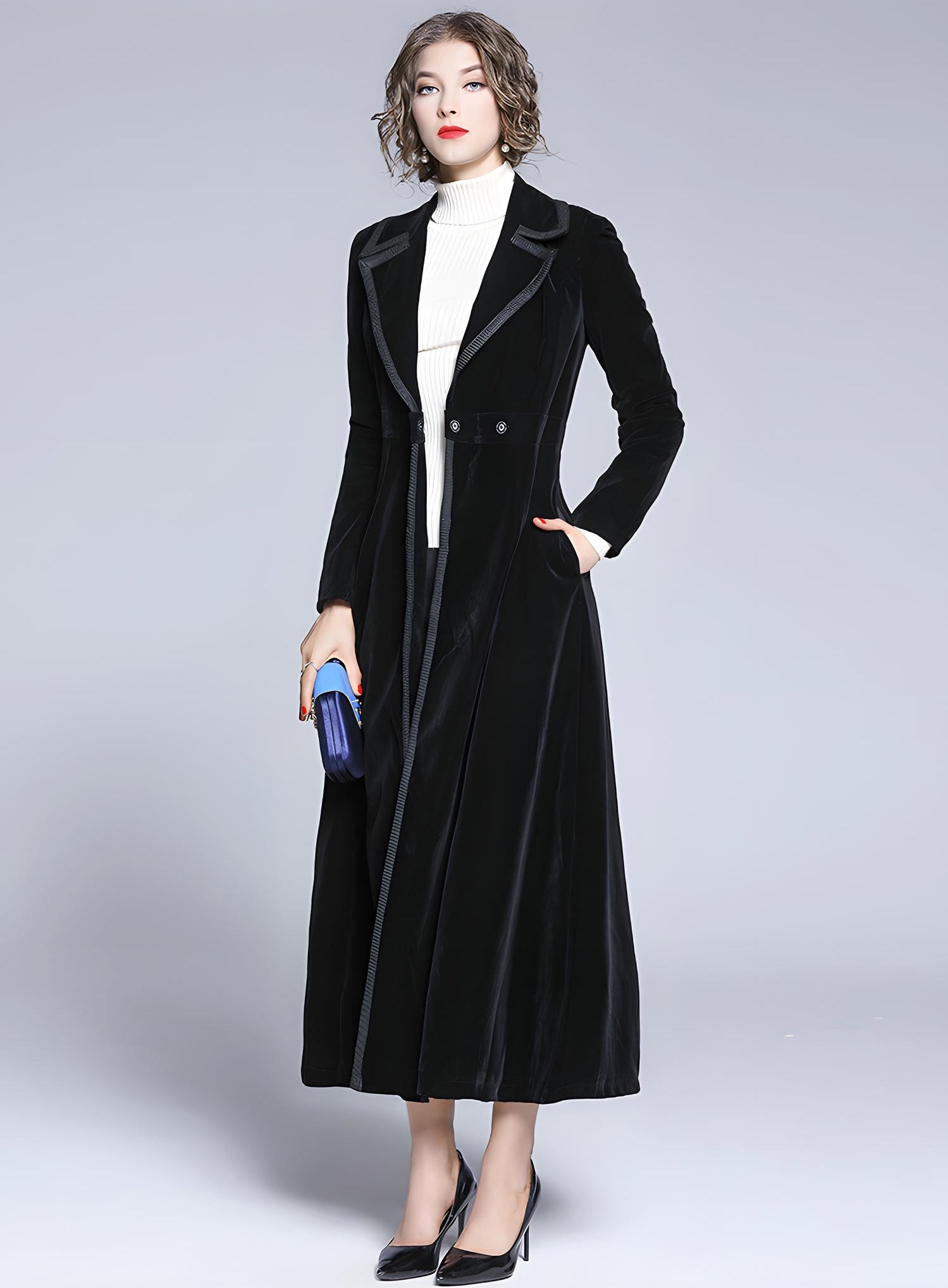 Statement Black Velvet Overcoat with Grand Lapels and Pocket- 606995540252_BLA