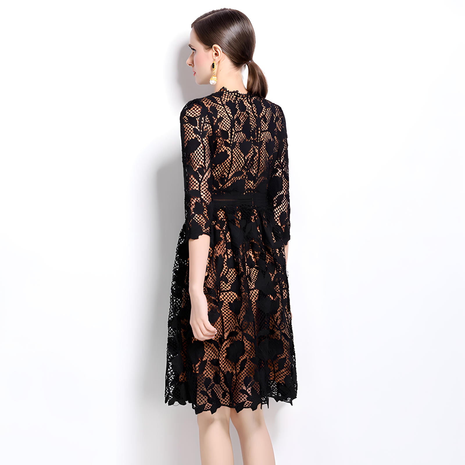 French Floral Black Lace Short Dress With Nude Lining - 836580735214_BLA