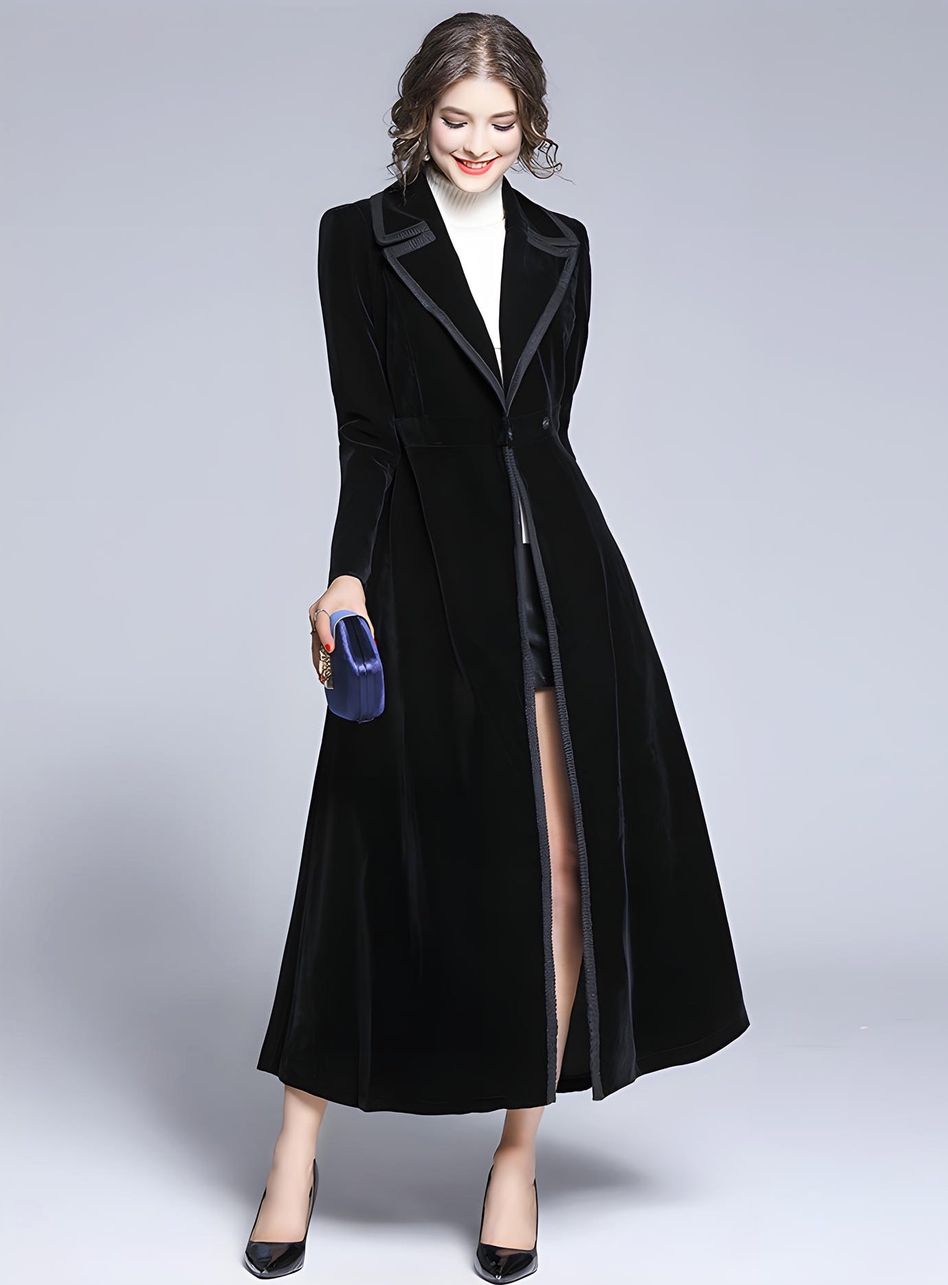 Statement Black Velvet Overcoat with Grand Lapels and Pocket- 606995540252_BLA