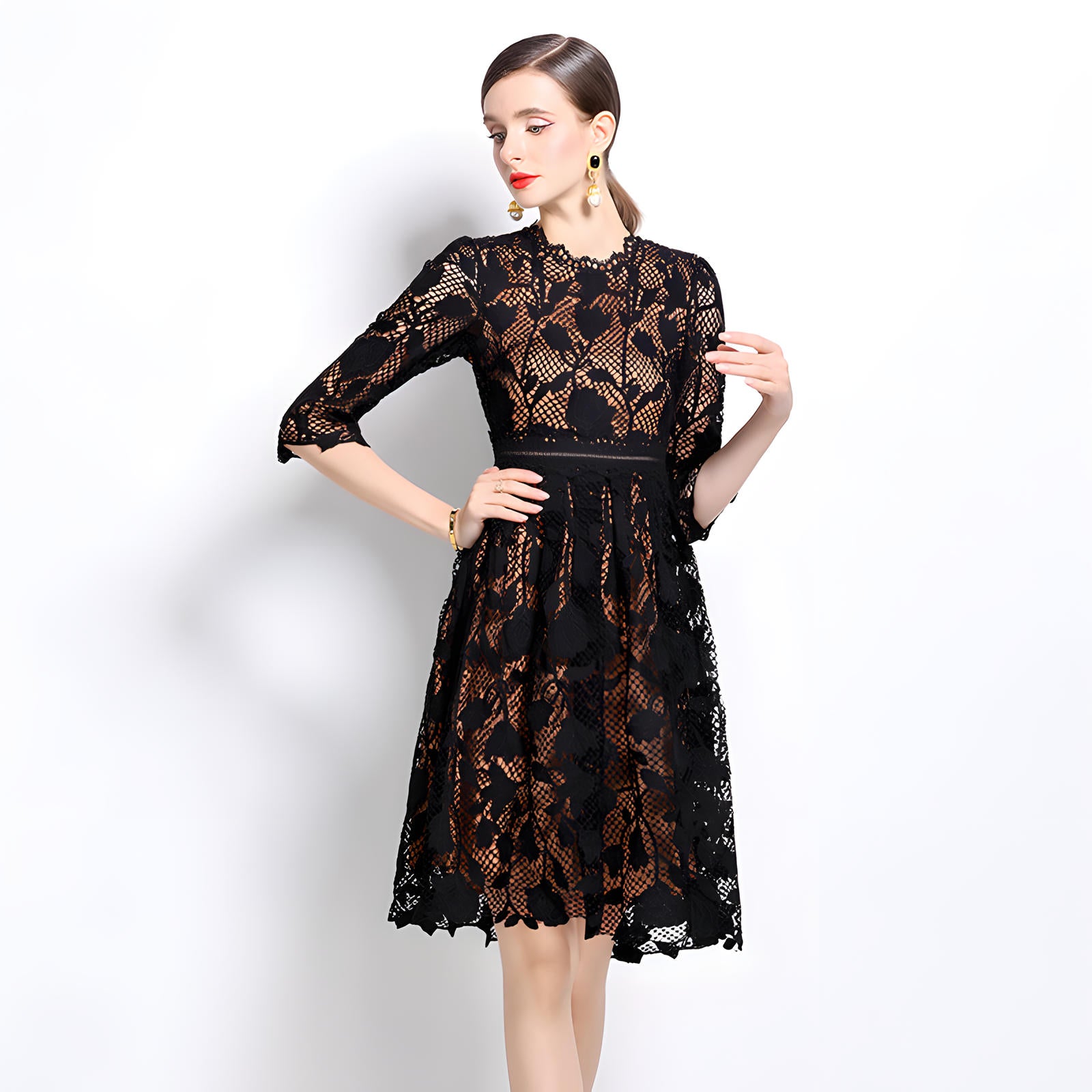 French Floral Black Lace Short Dress With Nude Lining - 836580735214_BLA