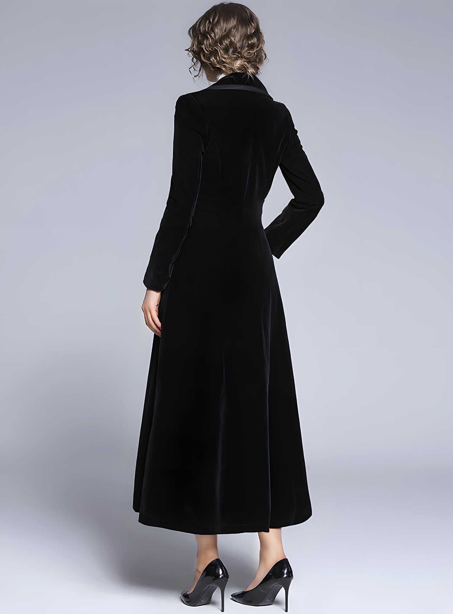 Statement Black Velvet Overcoat with Grand Lapels and Pocket- 606995540252_BLA