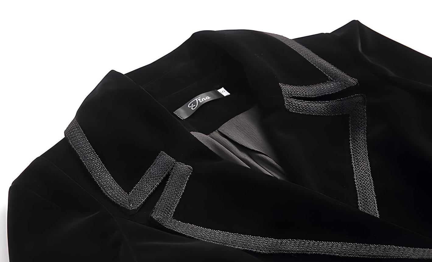 Statement Black Velvet Overcoat with Grand Lapels and Pocket- 606995540252_BLA