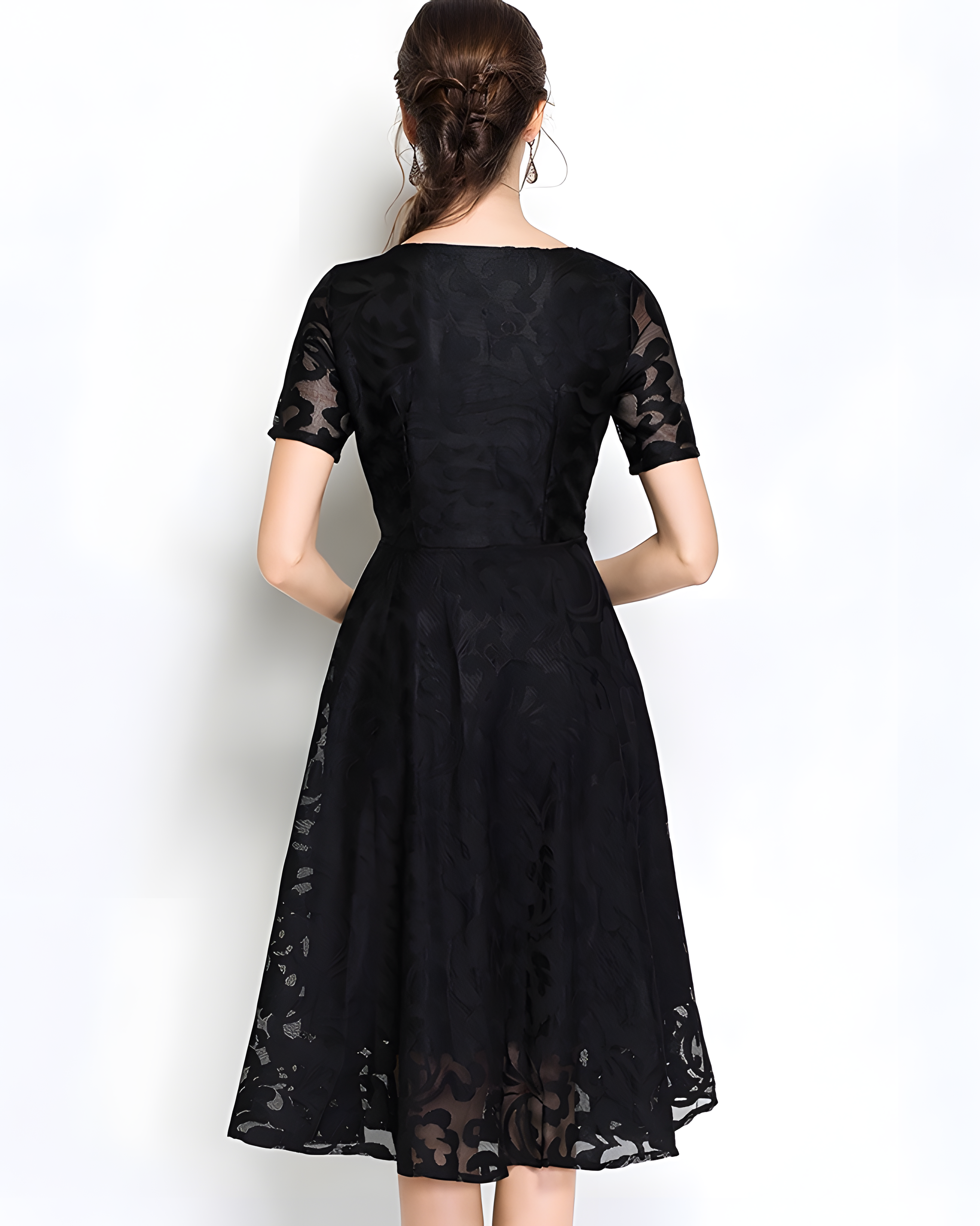 Lace Flocking Boat Neck Fitted Vest Large Hem Skirt Dress - 8999609_BLACK (EOSS)